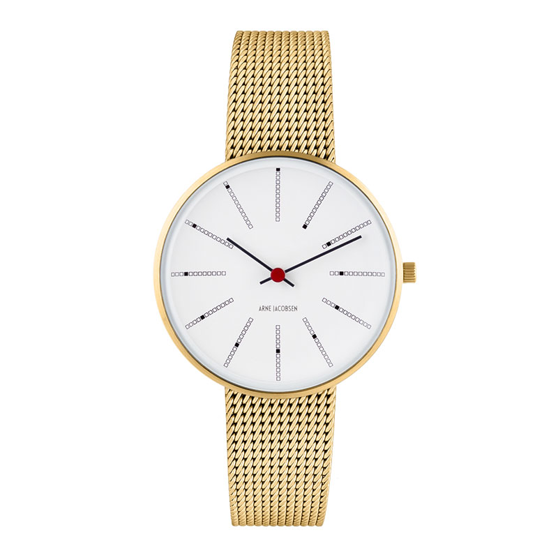 Arne Jacobsen Bankers Watch Ø34 Unisexur i guldfarvet med mesh lænke
