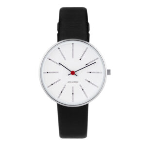 Arne Jacobsen Bankers Watch Ø34 Unisexur i stål, hvid skive og sort rem