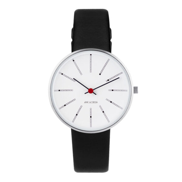 Arne Jacobsen Bankers Watch Ø34 Unisexur i stål, hvid skive og sort rem