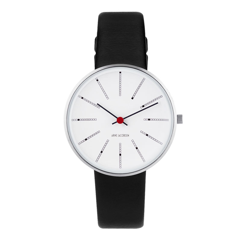 Arne Jacobsen Bankers Watch Ø34 Unisexur i stål, hvid skive og sort rem