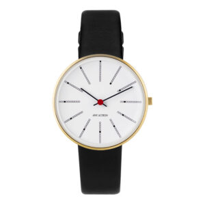 Arne Jacobsen Bankers Watch Ø34 armbåndsur i guldfarvet med sort læderrem
