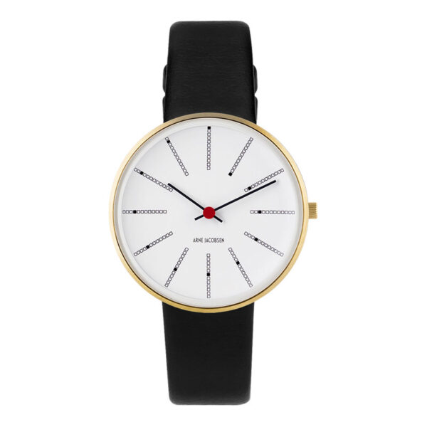 Arne Jacobsen Bankers Watch Ø34 armbåndsur i guldfarvet med sort læderrem
