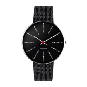 Arne Jacobsen Bankers Watch Unisexur, Sort skive ø 40mm med sort mesh lænke