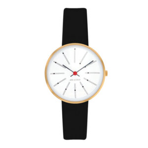 Arne Jacobsen Bankers armbåndsur, forgyldt Ø30mm med sort rem