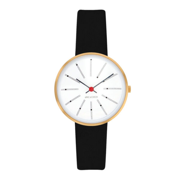 Arne Jacobsen Bankers armbåndsur, forgyldt Ø30mm med sort rem