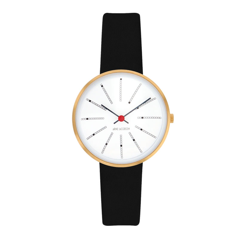 Arne Jacobsen Bankers armbåndsur, forgyldt Ø30mm med sort rem