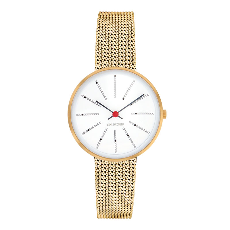 Arne Jacobsen Bankers armbåndsur, guldfarvet Ø 30 mm med meshlænke