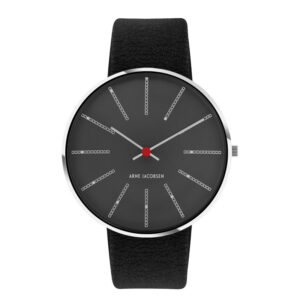 Arne Jacobsen Bankers ur i stål med Porsgrun Grey skive og sort læderrem - Ø40