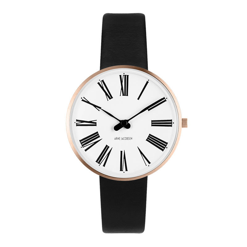 Arne Jacobsen Ø34 mm Roman Watch rose armbåndsur med sort rem