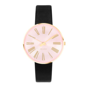 Arne Jacobsen Roman ur i guldfarvet med Orchid Pink skive og sort læderrem - Ø34
