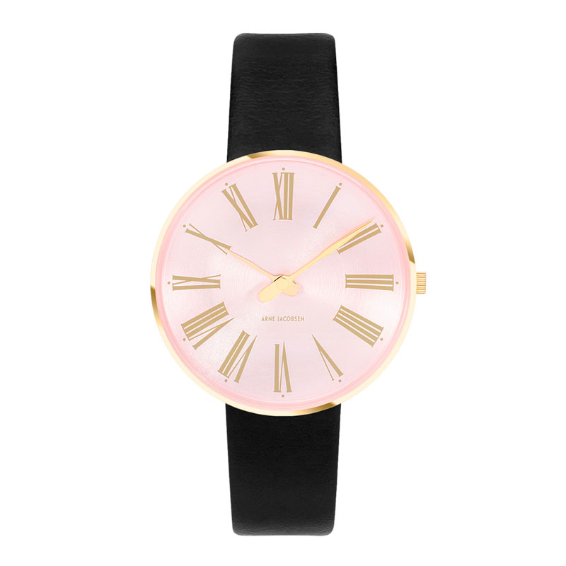 Arne Jacobsen Roman ur i guldfarvet med Orchid Pink skive og sort læderrem - Ø34