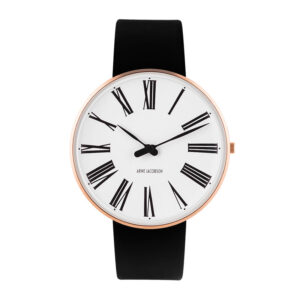 Arne Jacobsen Roman ur i rosa med hvid skive og sort læderrem - Ø40