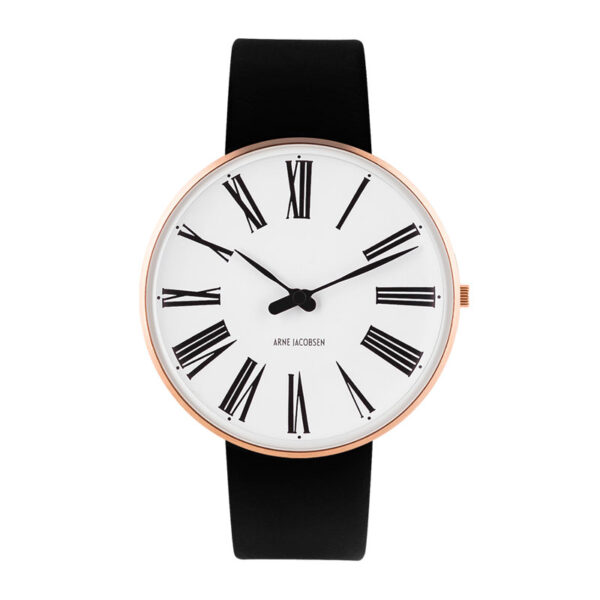 Arne Jacobsen Roman ur i rosa med hvid skive og sort læderrem - Ø40