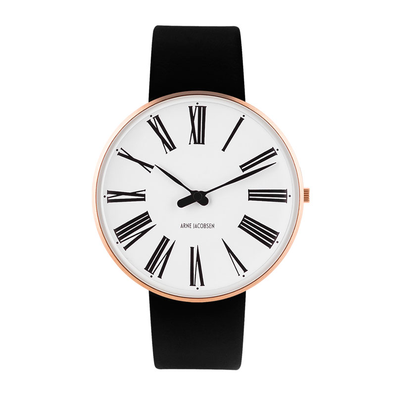 Arne Jacobsen Roman ur i rosa med hvid skive og sort læderrem - Ø40