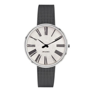 Arne Jacobsen Roman ur i stål med Sunray Silver skive og grå meshlænke - Ø34