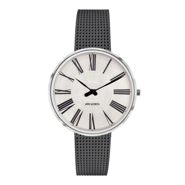 Arne Jacobsen Roman ur i stål med Sunray Silver skive og grå meshlænke - Ø34