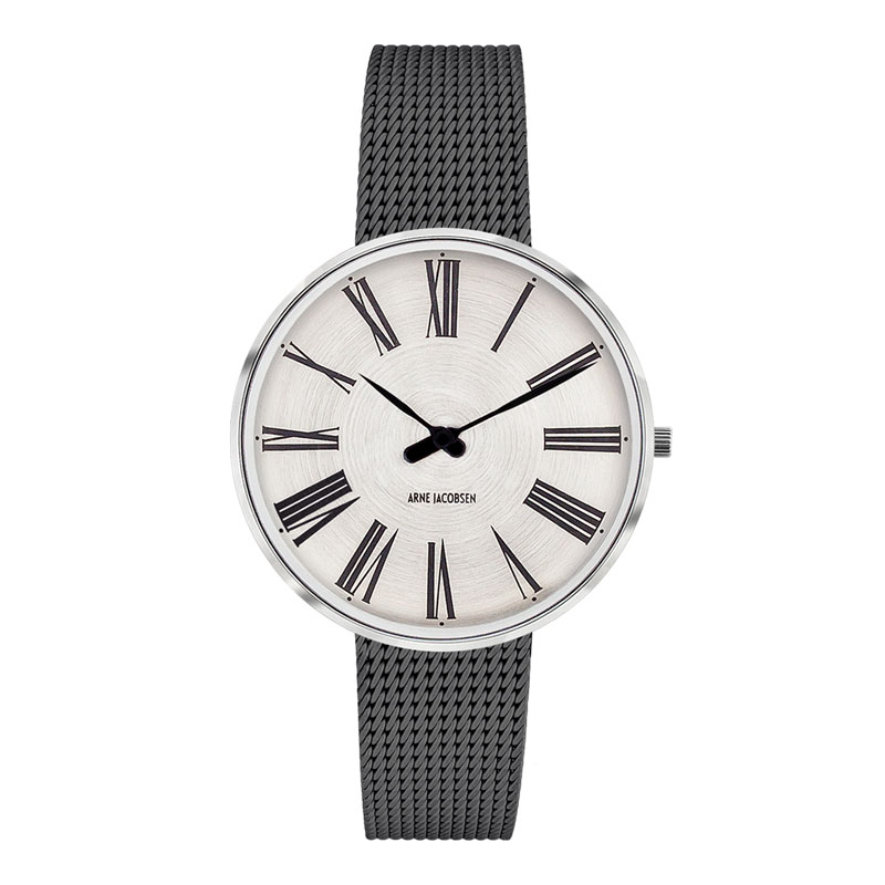 Arne Jacobsen Roman ur i stål med Sunray Silver skive og grå meshlænke - Ø34