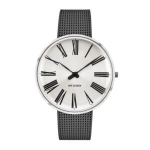 Arne Jacobsen Roman ur i stål med Sunray Silver skive og grå meshlænke - Ø40