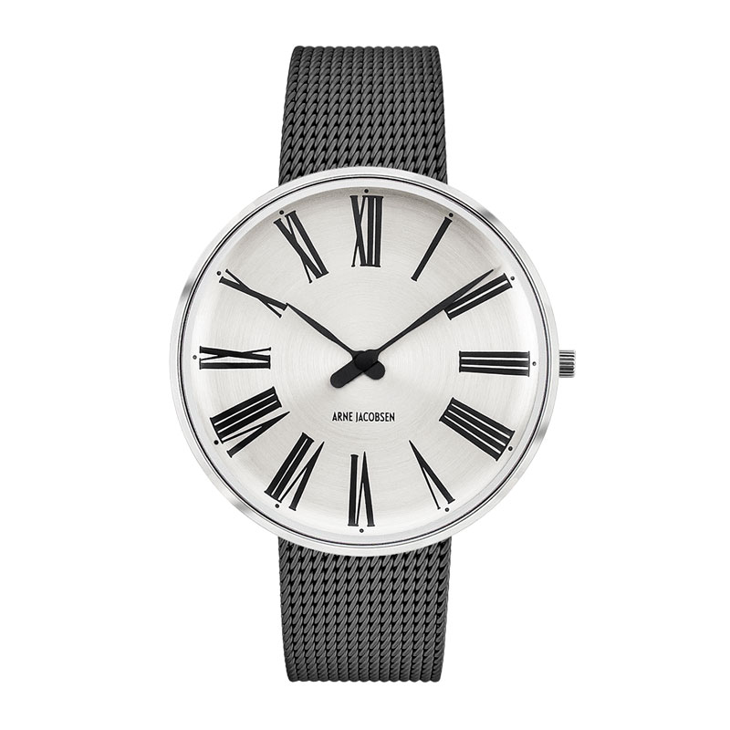 Arne Jacobsen Roman ur i stål med Sunray Silver skive og grå meshlænke - Ø40