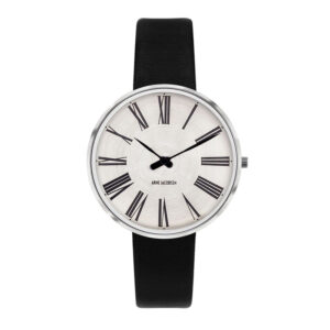 Arne Jacobsen Roman ur i stål med Sunray Silver skive og sort læderrem - Ø34