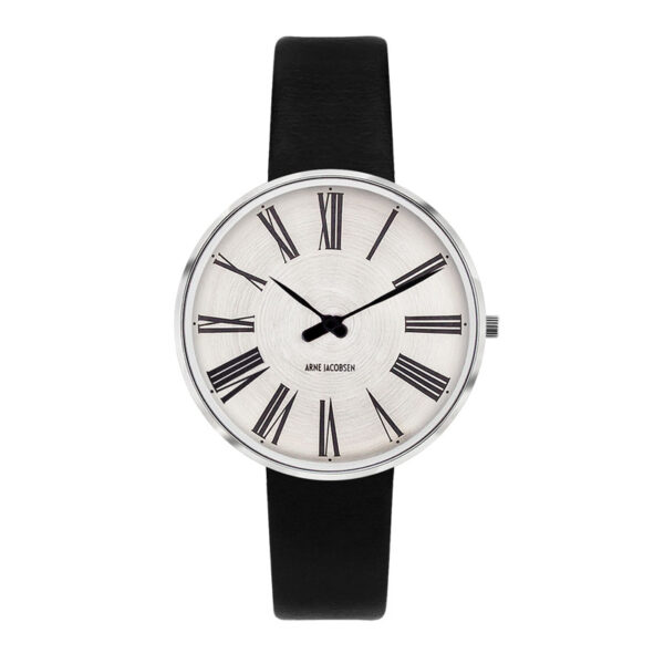 Arne Jacobsen Roman ur i stål med Sunray Silver skive og sort læderrem - Ø34