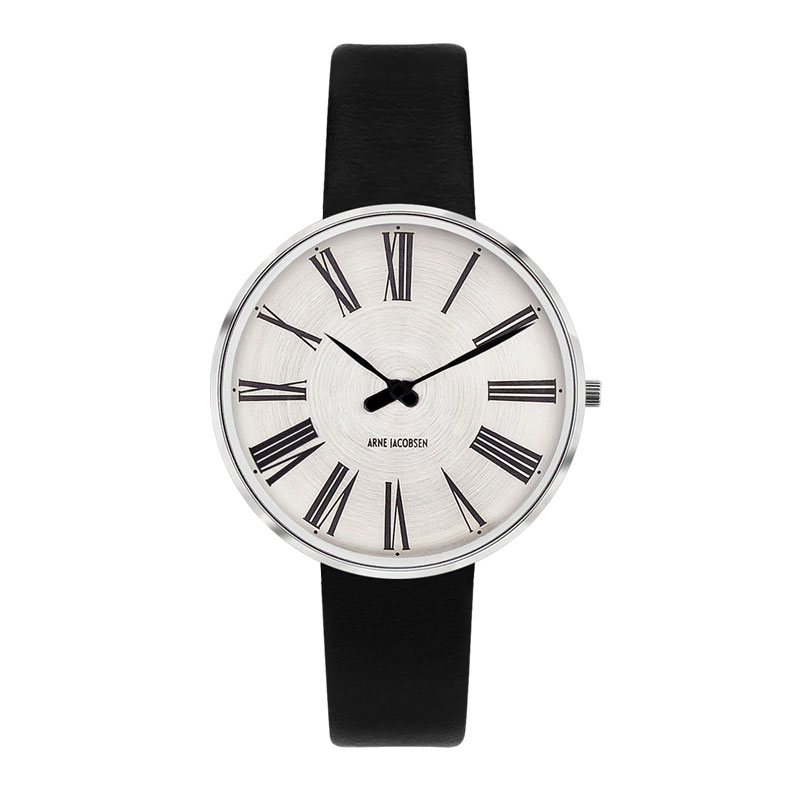 Arne Jacobsen Roman ur i stål med Sunray Silver skive og sort læderrem - Ø34