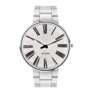 Arne Jacobsen Roman ur i stål med Sunray Silver skive og stål lænke - Ø40