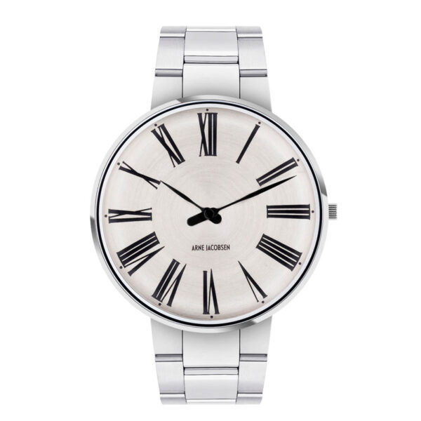 Arne Jacobsen Roman ur i stål med Sunray Silver skive og stål lænke - Ø40