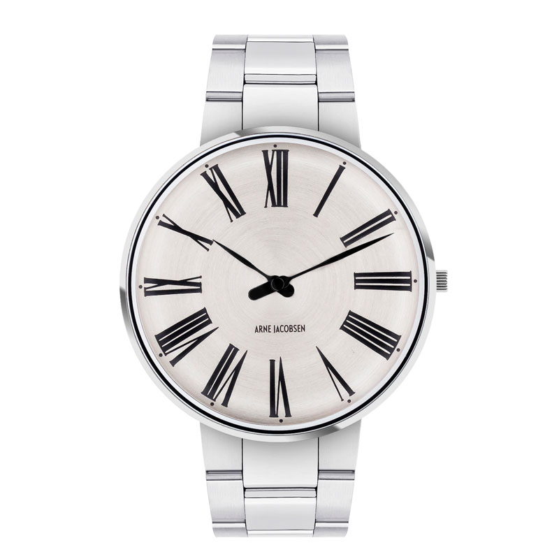 Arne Jacobsen Roman ur i stål med Sunray Silver skive og stål lænke - Ø40