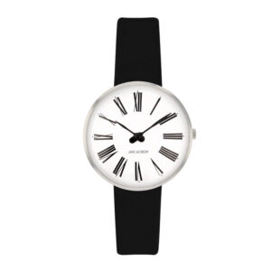Arne Jacobsen Roman ur i stål med hvid skive og sort læderrem - Ø30