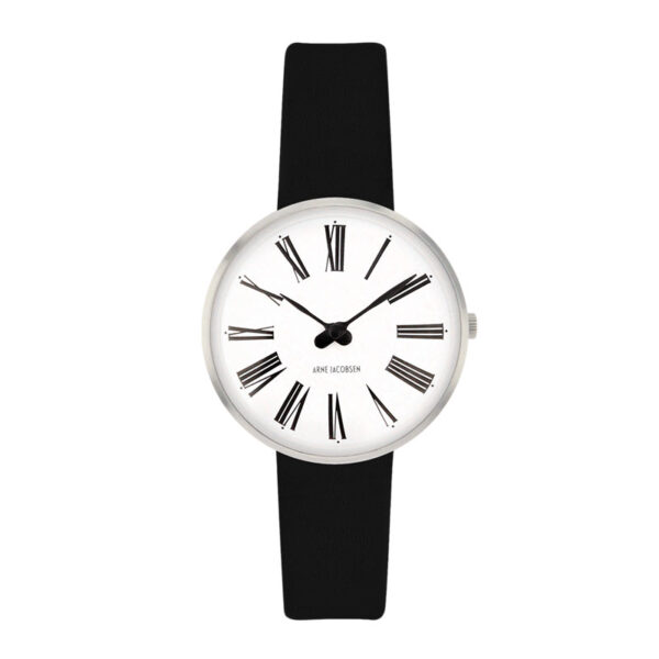 Arne Jacobsen Roman ur i stål med hvid skive og sort læderrem - Ø30