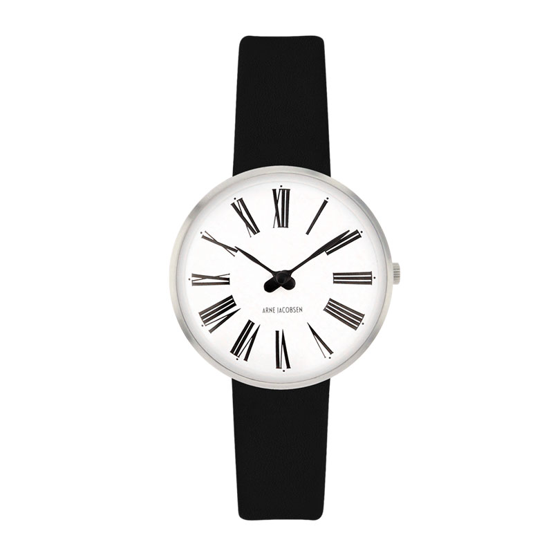 Arne Jacobsen Roman ur i stål med hvid skive og sort læderrem - Ø30