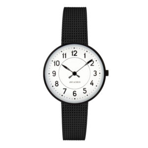 Arne Jacobsen Station Watch armbåndsur med sort mesh lænke Ø30 mm