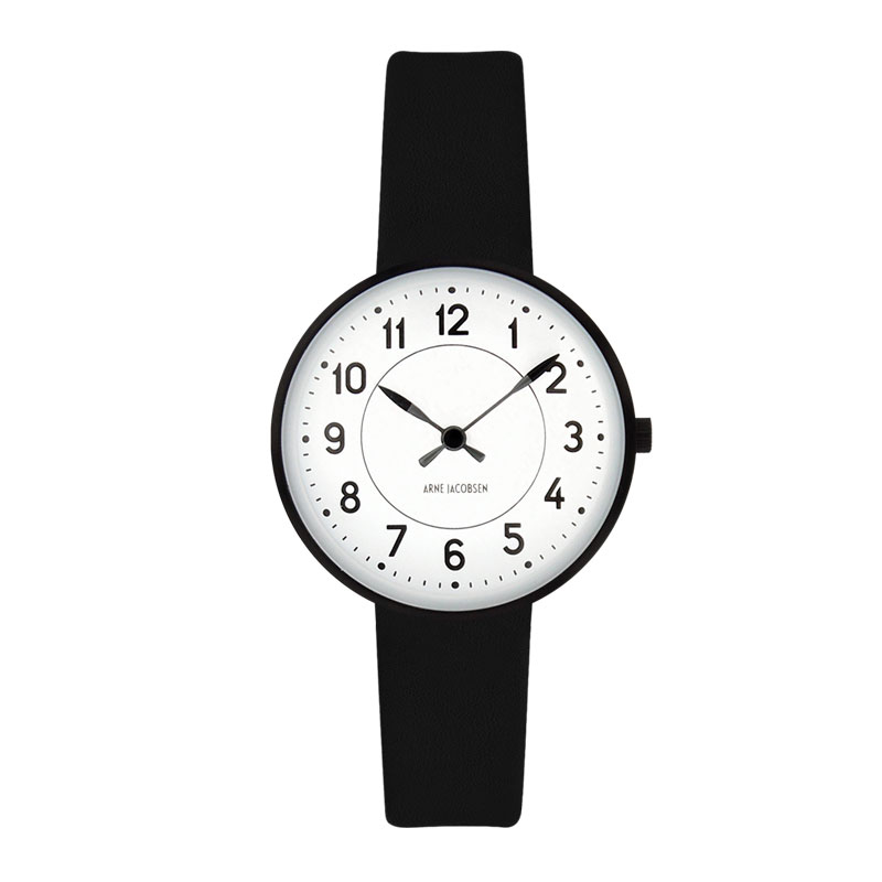 Arne Jacobsen Station Watch armbåndsur, ø30 mm med sort rem