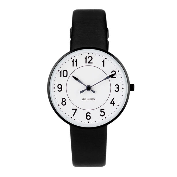 Arne Jacobsen Station Watch armbåndsur, ø34mm sort krans med sort rem