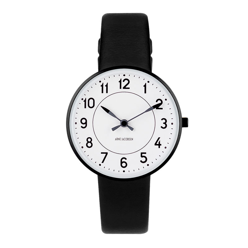 Arne Jacobsen Station Watch armbåndsur, ø34mm sort krans med sort rem