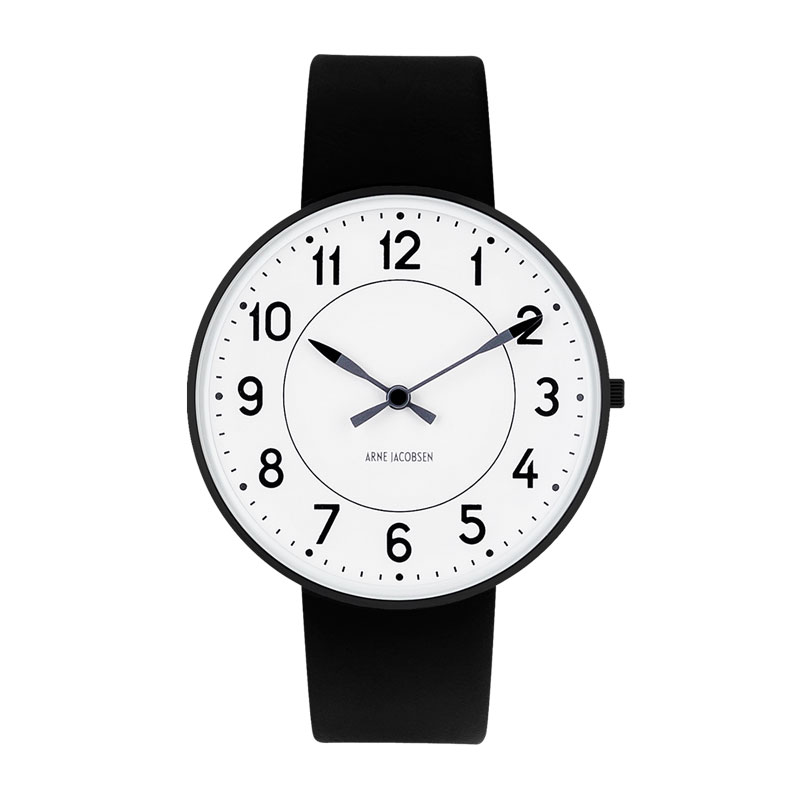 Arne Jacobsen Station Watch herreur i sort stål med rem Ø40