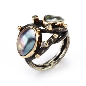 Birdie Galileo Keshi Sterling Sølv Ring med 14 Karat Guld Samt Keshiperler Og 0,15 Carat Diamanter