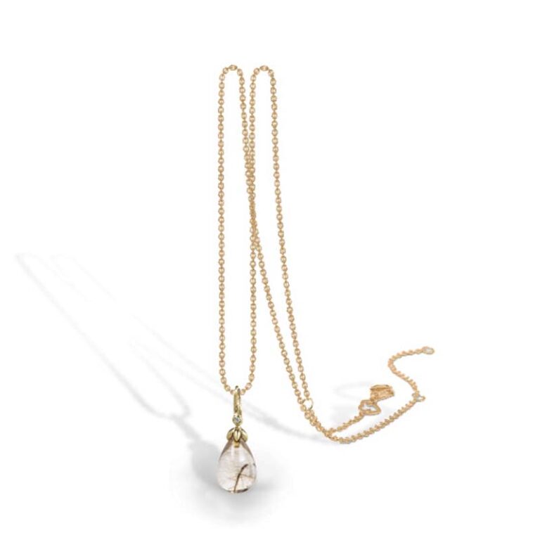 Blossom Copenhagen Forrest dråbevedhæng i 9 kt guld med rutilquarts og cubic zirkonia med forgyldt kæde