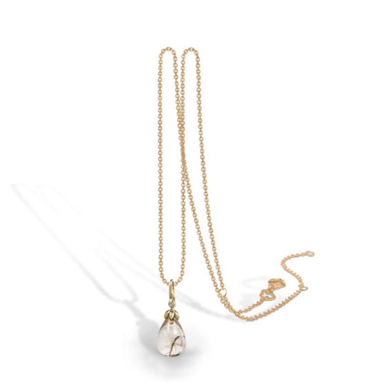 Blossom Copenhagen Forrest dråbevedhæng i 9 kt guld med rutilquarts og cubic zirkonia med forgyldt kæde