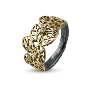 By Birdie Beech Leaves Ring i Sterling Sølv med 18 Karat Guld og Diamanter 0,08 Carat