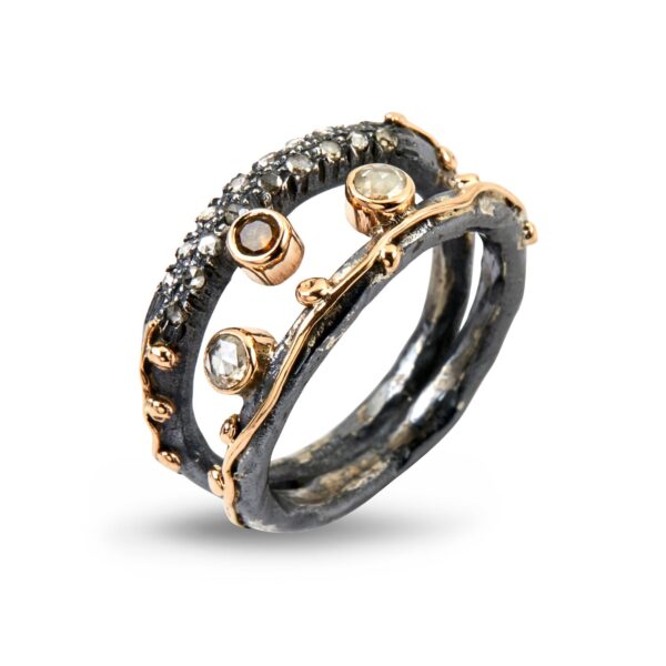 By Birdie Dubeca Superior Sterling Sølv Ring med 14 Karat Guld Og Turmalin og Diamanter 0,40 Carat