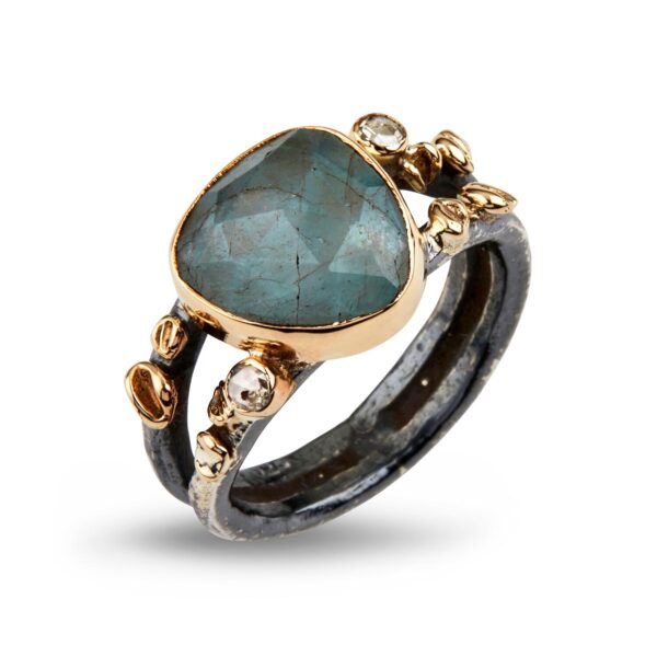 By Birdie Gili Sea Aquamarine Sterling Sølv Ring med Akvamarin og Diamanter 0,20 Carat