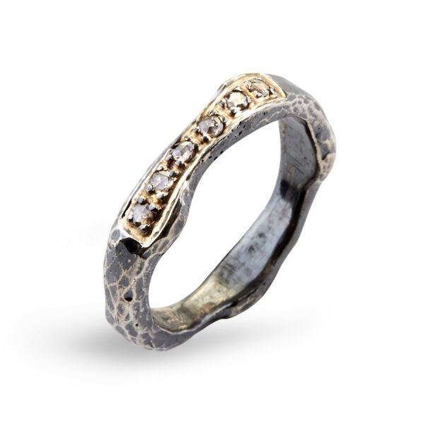 By Birdie Heritage Golden Wave Sterling Sølv Ring med 18 Kt Guld Og 0,18 Carat Diamanter