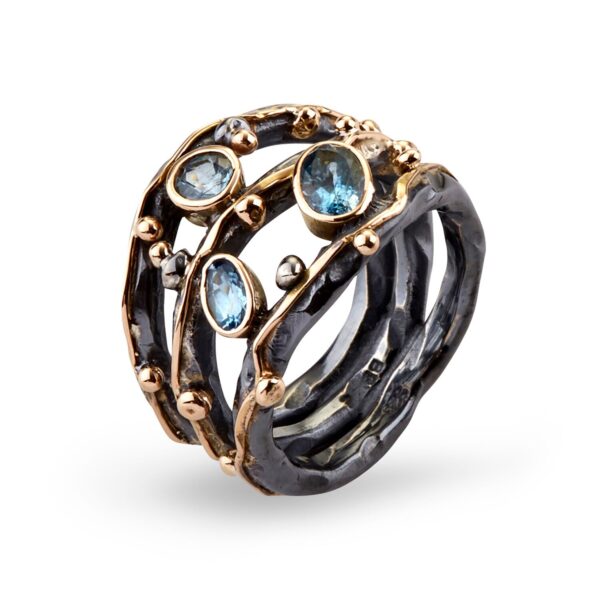 By Birdie Tribeca Stones Aqua Sterling Sølv Ring med 14 Karat Guld Og Blå Aquamarin