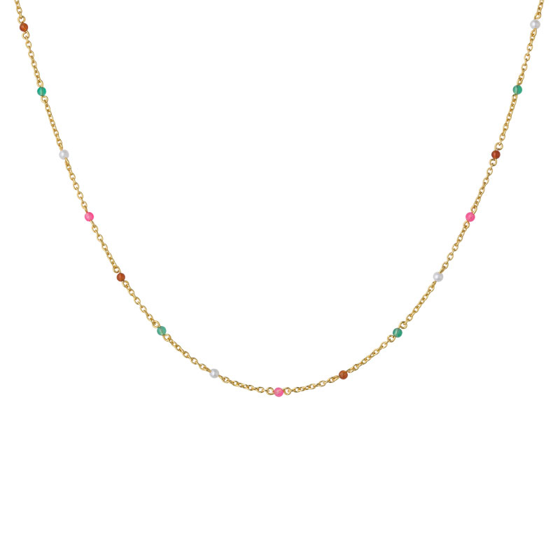 Bybiehl Scarlett forgyldt halskæde med perler, rød agat, grøn agat og pink jade 45 cm