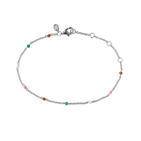 Bybiehl Scarlett sølv armbånd med perler, rød agat, grøn agat og pink jade