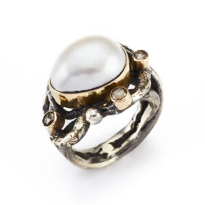 Callisto Sterling Sølv Ring fra Birdie med 14 Karat Guld Samt Perle Og 0,15 Carat Diamanter