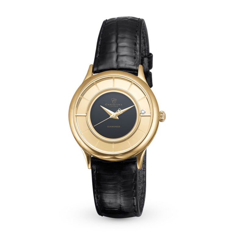 Christina collect guldtone armbåndsur, sort urskive med 1 diamant, sort rem