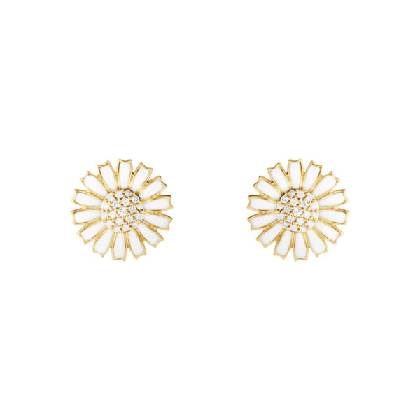 Georg Jensen Daisy øreringe i forgyldt med hvid emalje og diamant - Ø11 mm
